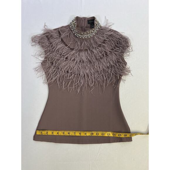 Gracia Taupe Stretch Short Sleeve Blouse with Ostrich Feather Trim Women’s S - Picture 8 of 12